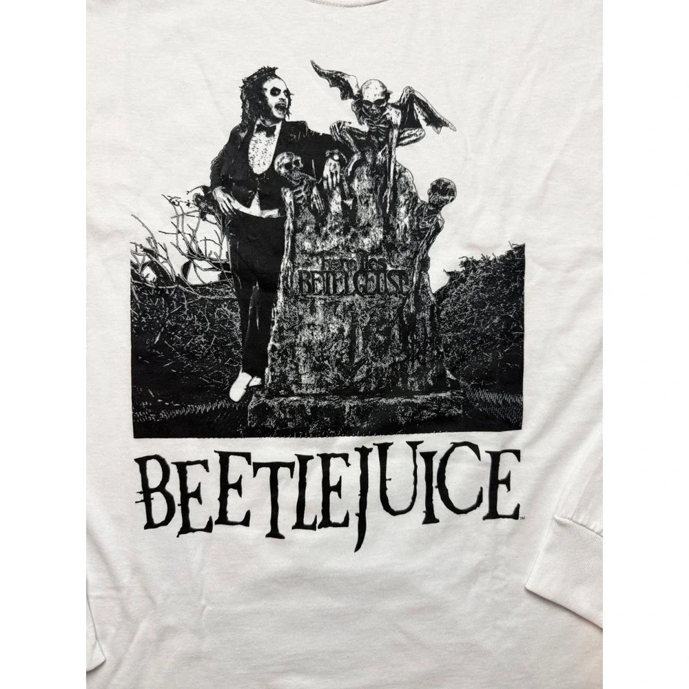 Beetlejuice Graphic Long Sleeve T-Shirt Mens Medium White Tombstone Movie Tee